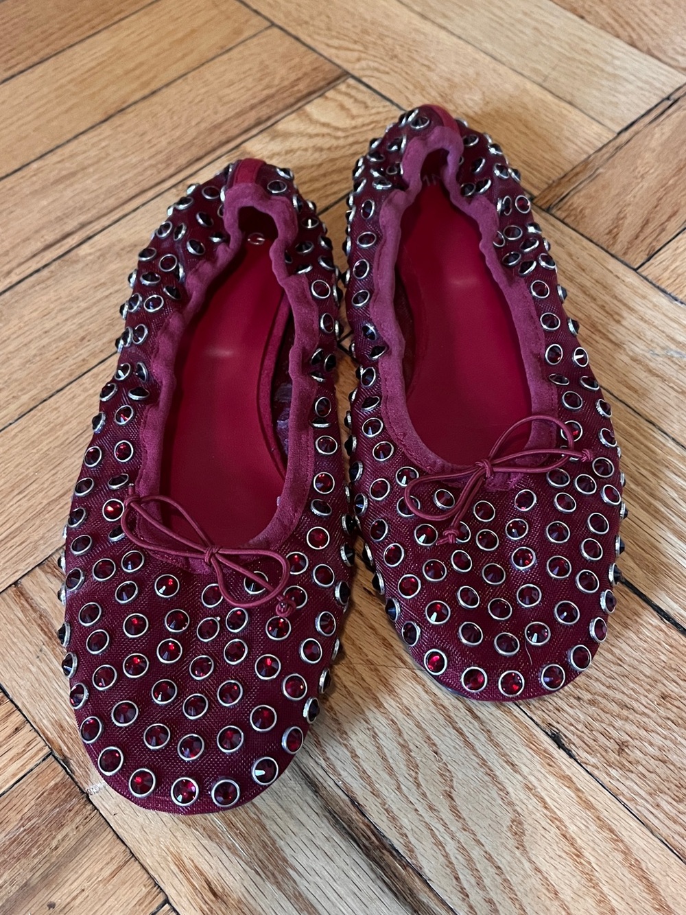 Oxblood Studded Ballet Flats with Bow